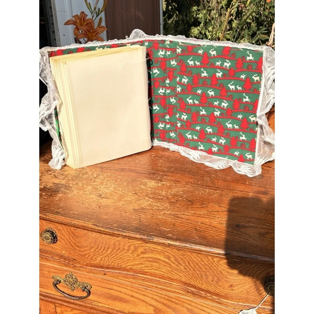 Vintage Handmade Fabric Lace Padded Christmas Tree Deer Photo Album Grannycore